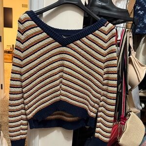 Striped V-Neck Sweater - Navy, Yellow, Cream